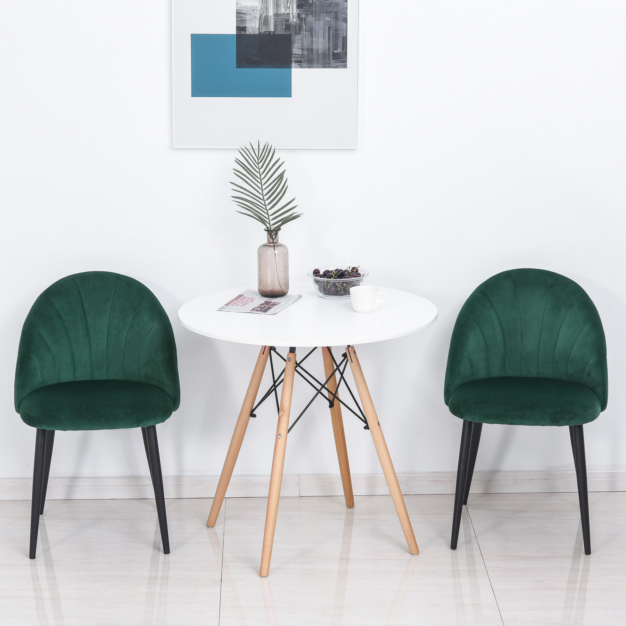 Lot de 2 chaises velours vert pieds métal noir dim. 52L x 54l x 79H cm