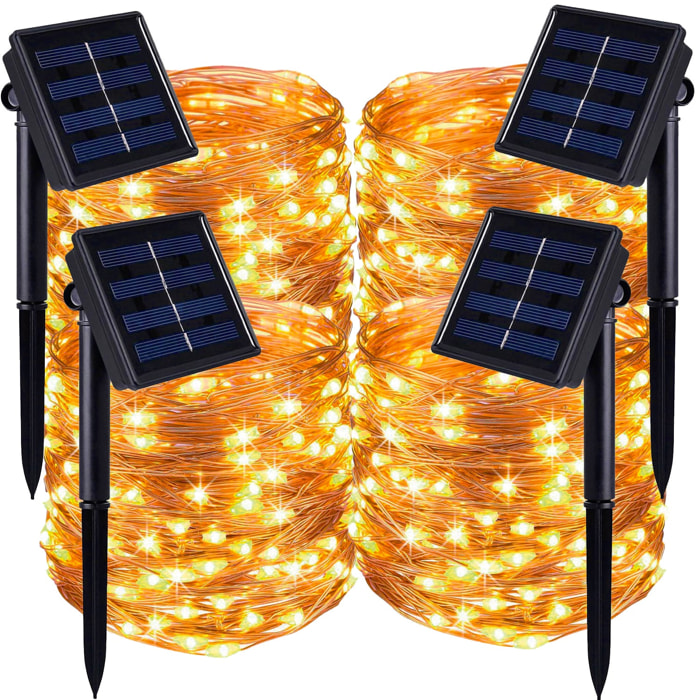 Lot de 4 guirlandes lumineuses solaires fil cuivre 400 micro LED blanc chaud 8 modes détecteur crépusculaire 4x SKINNY SOLAR 400 42m