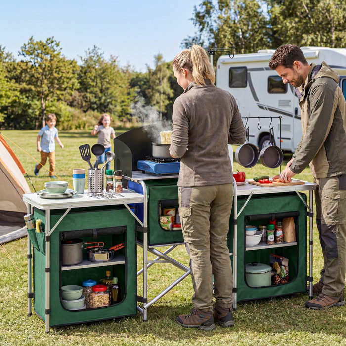 Mueble Cocina Camping Armario Camping Plegable con Mesas Armarios Ganchos Estructura de Aluminio Poste de Luz Ajustable Paravientos y Bolsa de Transporte para Acampada 172x48x130 cm Verde
