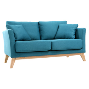 Canapé scandinave déhoussable 2 places en tissu bleu canard et bois clair OSLO