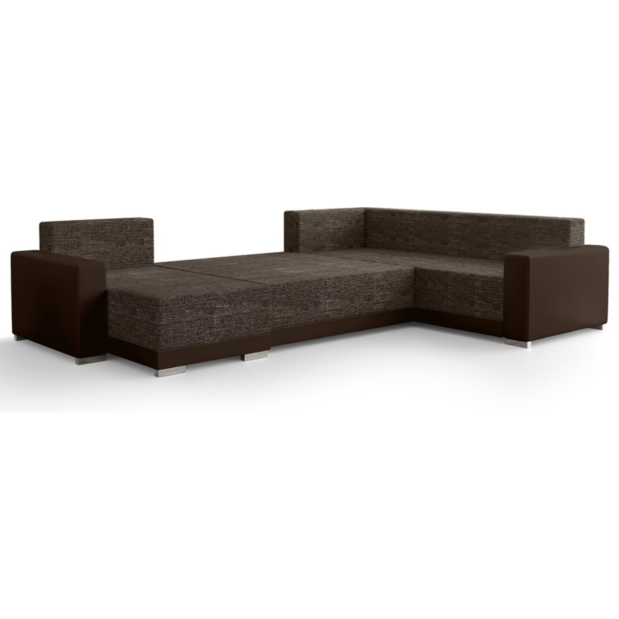 Roger - Canapé panoramique d'angle réversible 7 places convertible avec coffre en tissu - Marron