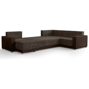 Roger - Canapé panoramique d'angle réversible 7 places convertible avec coffre en tissu - Marron