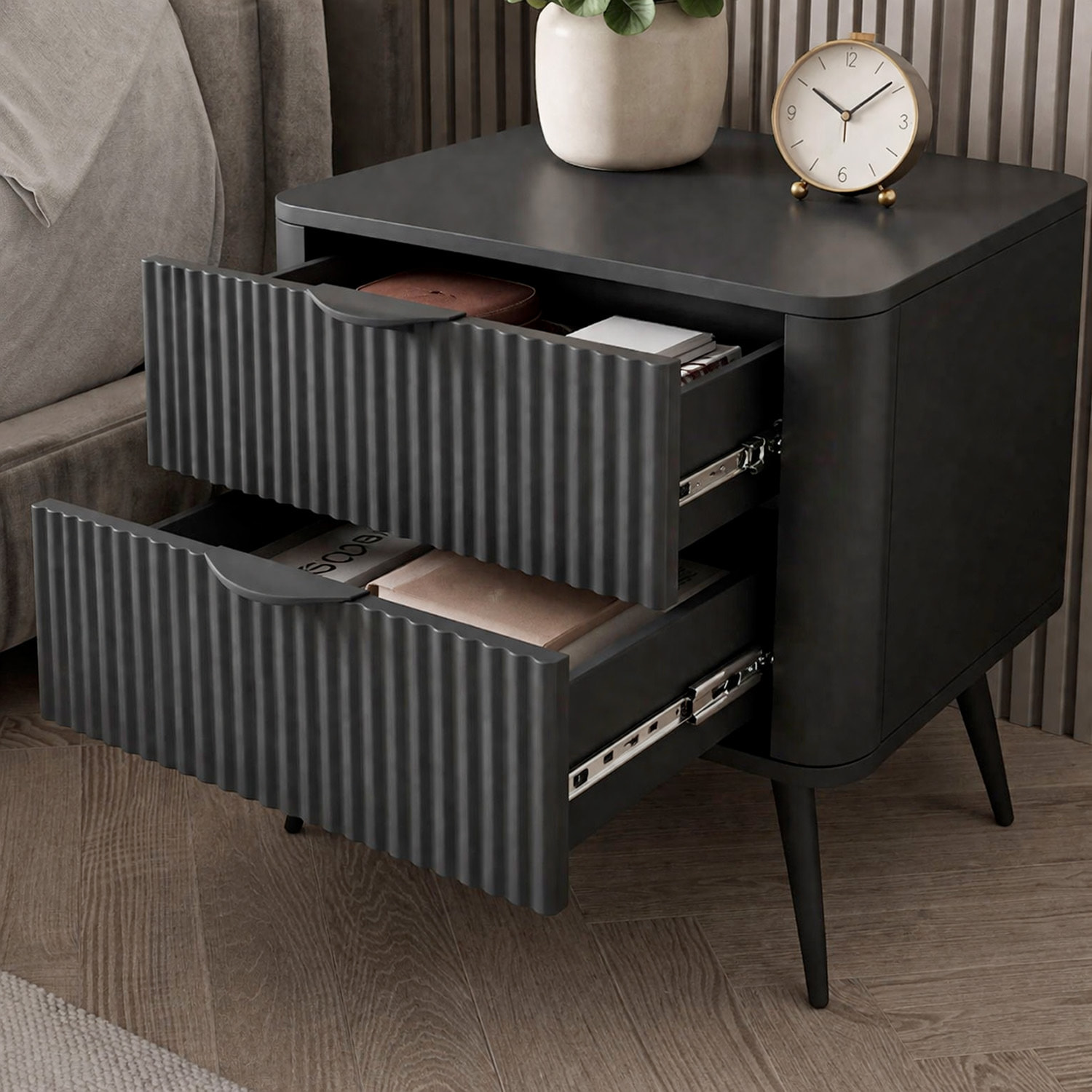 Comodino Moderno Elegante Con 2 Cassetti Capienti e Piedini Alti Camera Da Letto 63.2 x 38 x 55.3 cm Nero