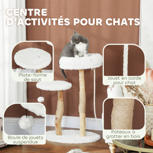 Arbre à chat style bohème chic H.85 cm plateforme panier observation corde boule bois naturel effet laine bouclée