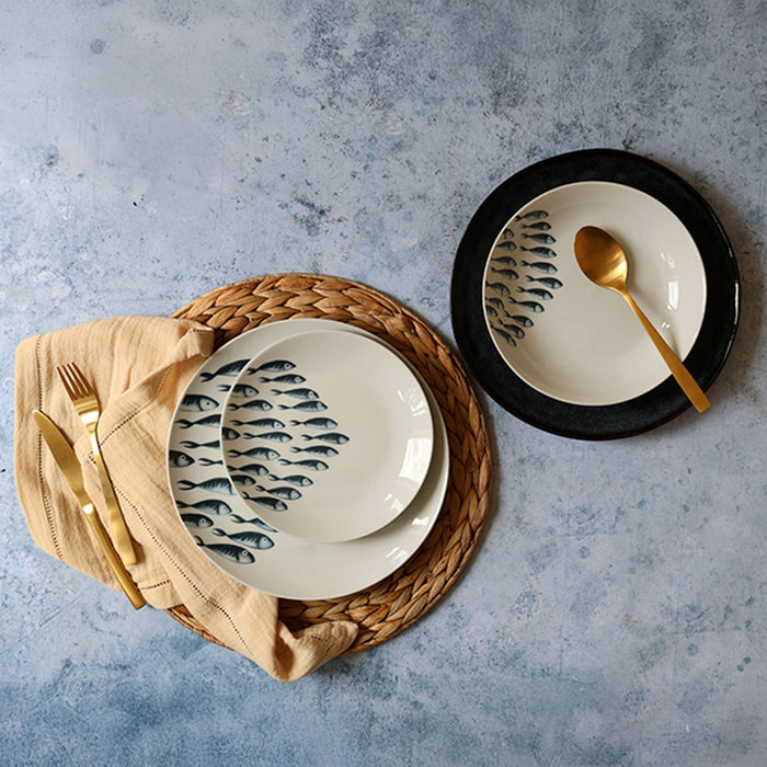 Lot de 6 assiettes creuses motif marin en porcelaine 20cm PESCARE