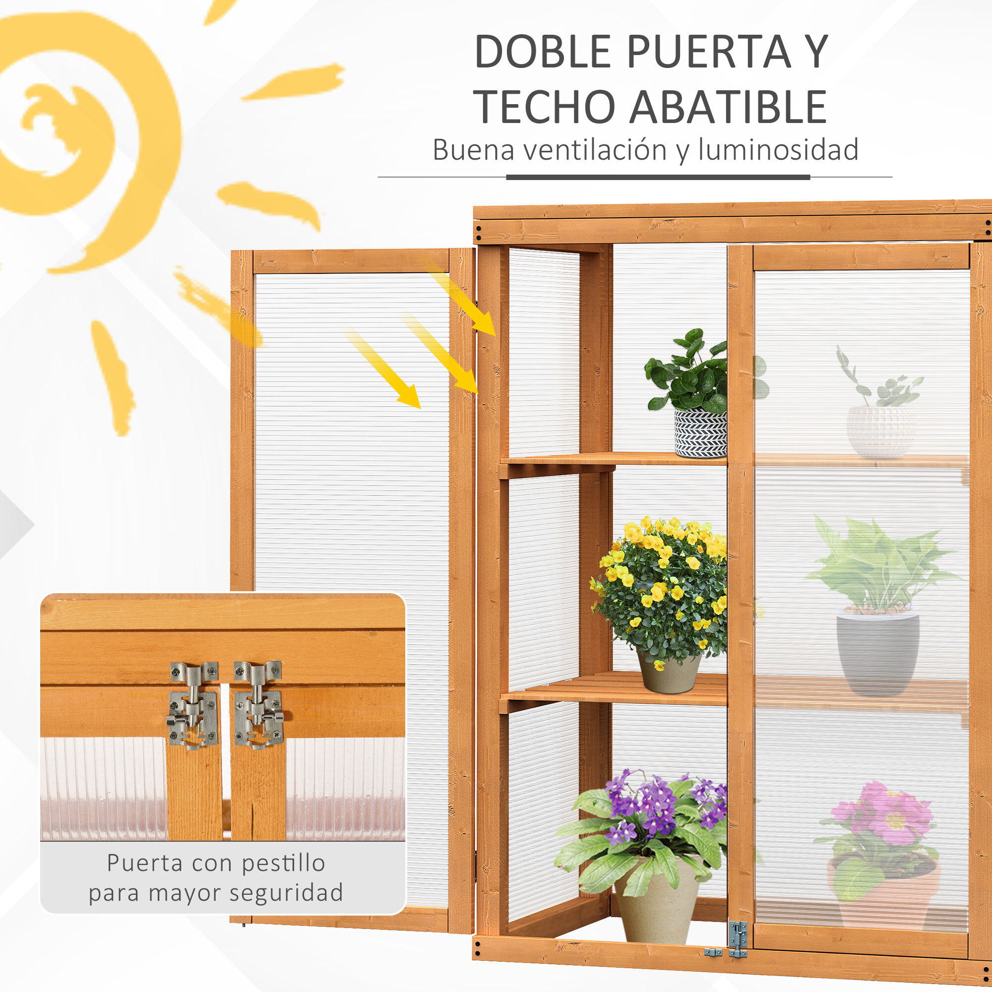 Invernadero Jardín de Madera Policarbonato 3 Pisos con Tapa Abatible 76x47x110cm