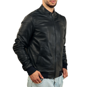 Giubbino in vera pelle di vitello foderato con trapunta invernale Blu-Slim Fit