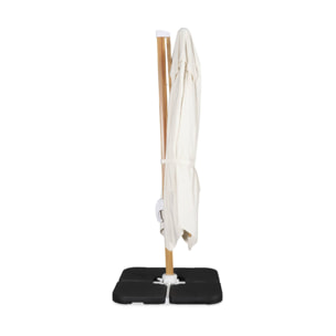 Parasol déporté carré ecru 3x3m structure effet bois + Lot de 4 dalles à lester 50x50cm