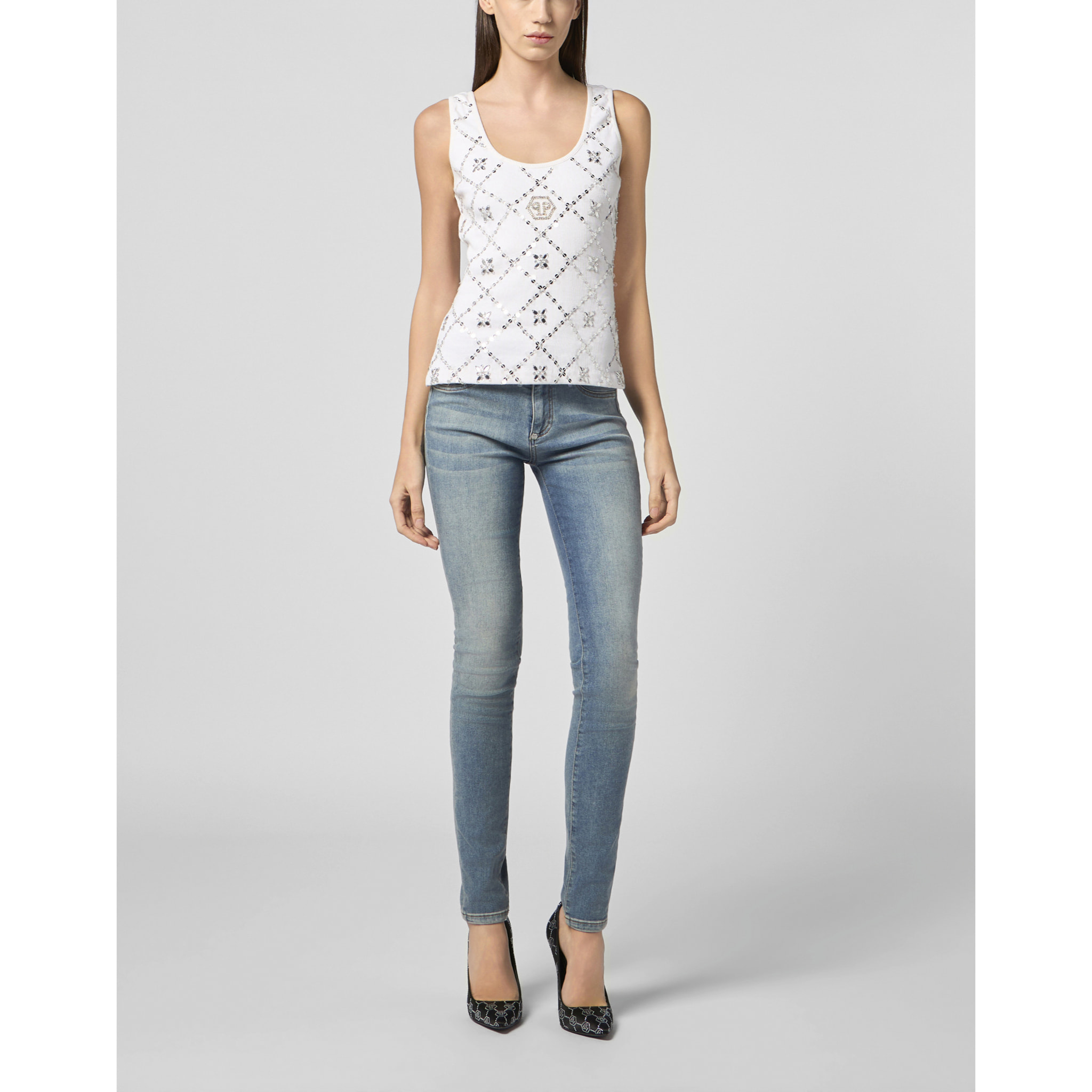 PHILIPP PLEIN Tank Top Rhomb Flower Strass