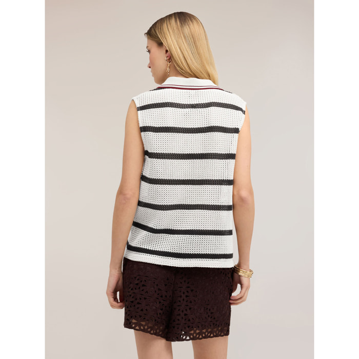 Motivi - Top de punto calado a rayas con cuello polo - Negro