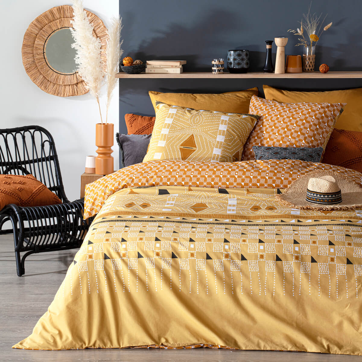 Parure de lit imprimée Kacang - percale - jaune ocre - 240x220 cm