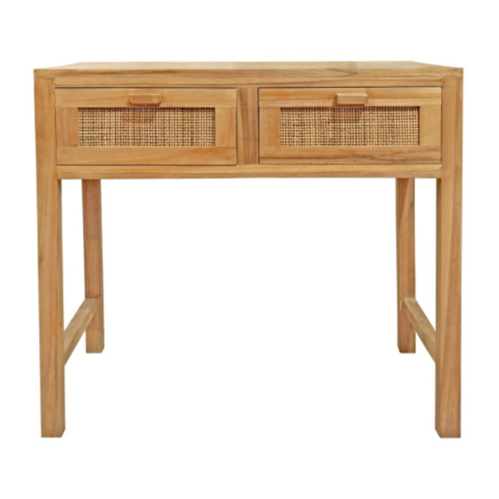 Console L. 80 cm en bois de teck massif et rotin 2 tiroirs façades - LINA