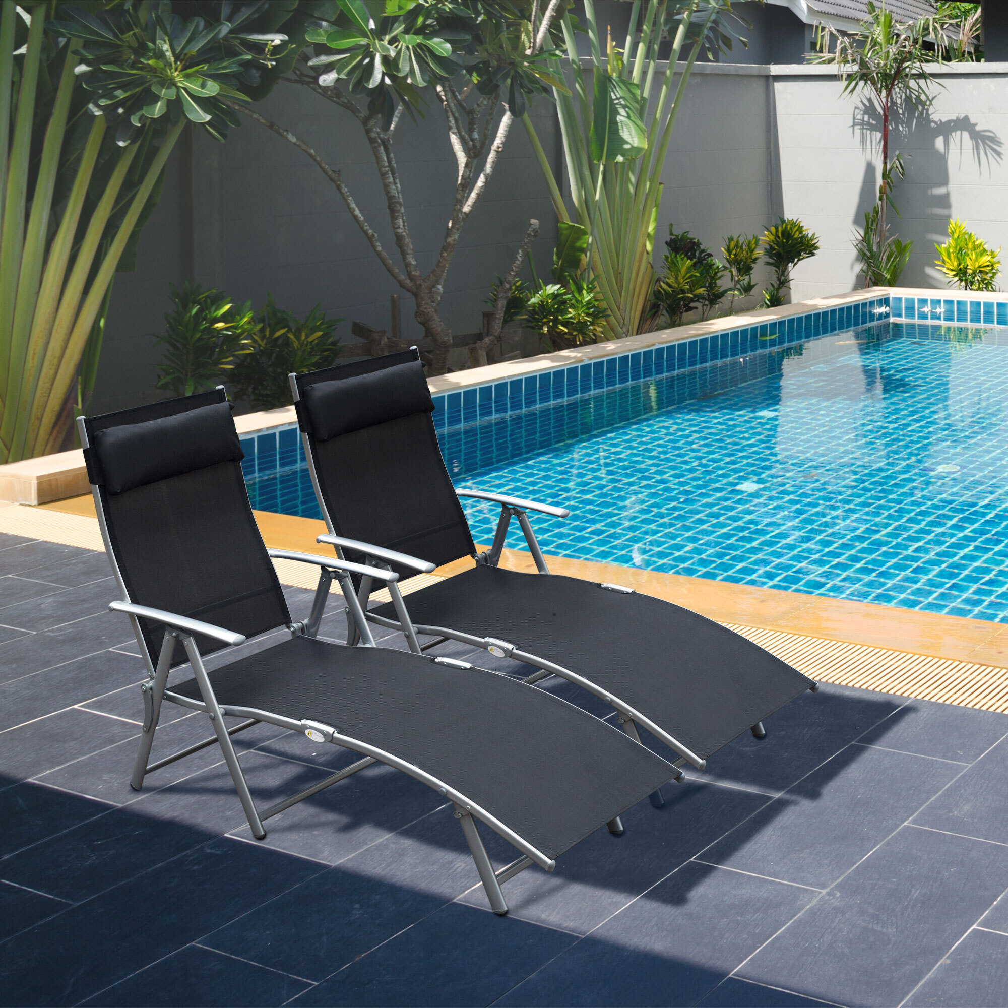 Conjunto de 2 Tumbonas Plegables Tumbonas de Jardín con Respaldo Ajustable Almohada y Reposabrazos Carga 165 kg para Piscina Terraza Camping 137x63,5x100,5 cm Negro