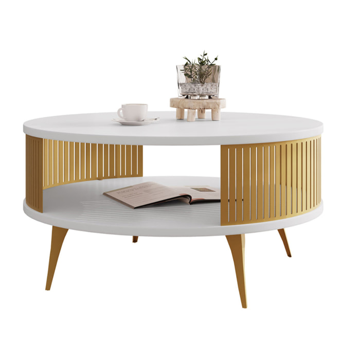 Forini - table basse ronde - blanc et doré - 1 niche - 75 cm - Blanc / Doré
