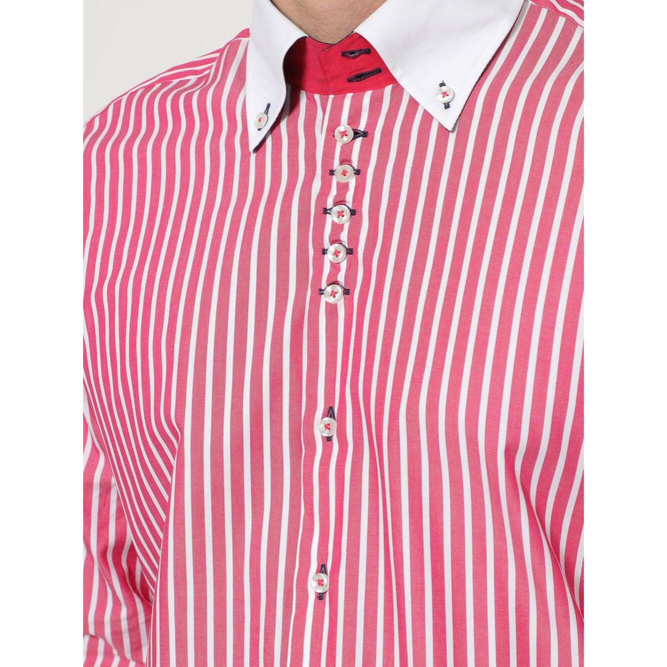 Camicia Uomo 2 Bottoni Button Down Slim Popeline Riga larga Rosa Fucsia/Bianco