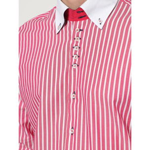 Camicia Uomo 2 Bottoni Button Down Slim Popeline Riga larga Rosa Fucsia/Bianco