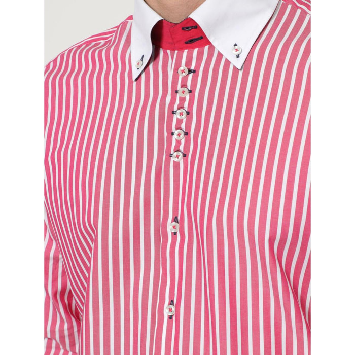 Camicia Uomo 2 Bottoni Button Down Slim Popeline Riga larga Rosa Fucsia/Bianco