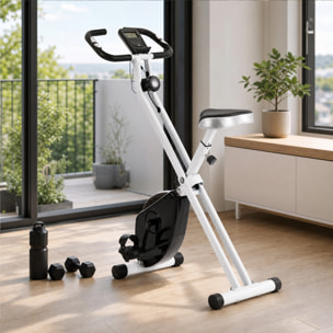SPORTNOW Bicicleta Estática Plegable, Bicicleta Estática Casa Silenciosa con 8 Niveles Resistencia Magnética, Monitor LCD, Asiento Ajustable, Volante, Sensor Ritmo, Soporte Teléfono y Ruedas, Blanco