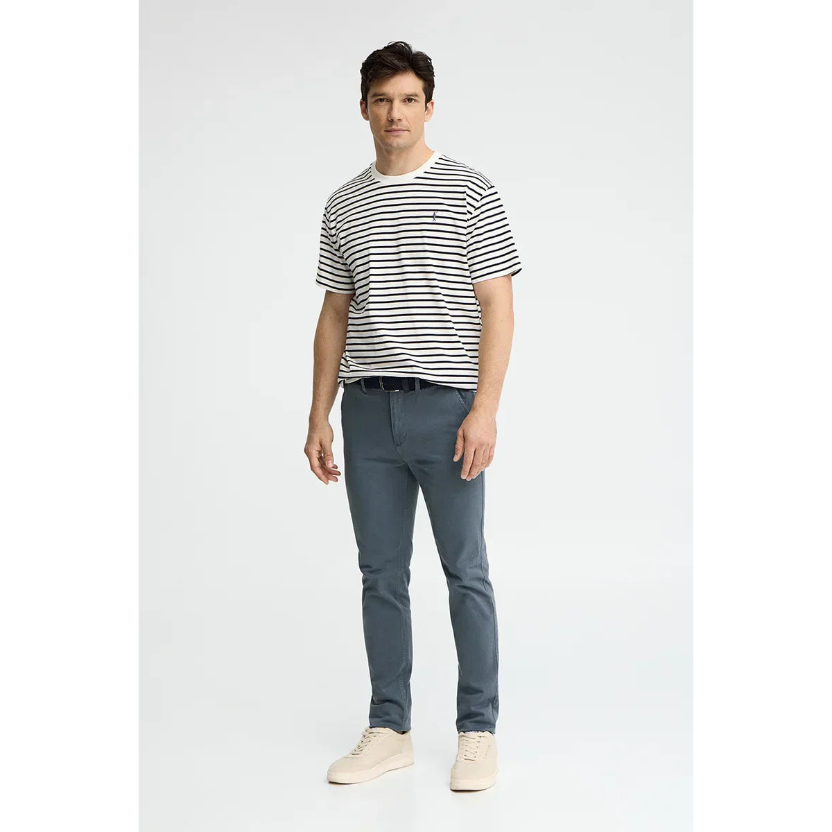 Polo a righe ecrù e blu marino fit ampio con logo Rigby Go