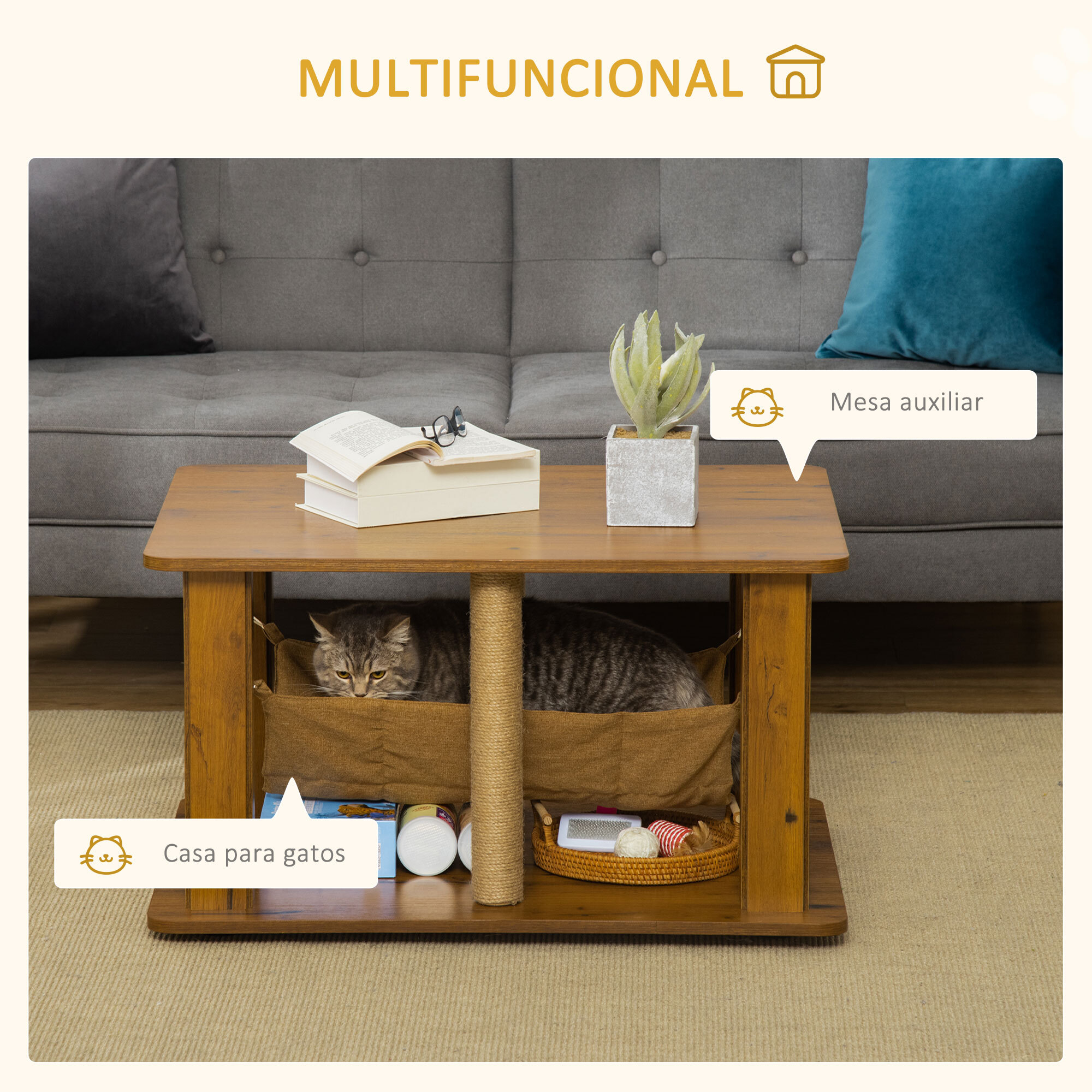 Mesa de Centro Hamaca para Gatos con 2 Postes Rascadores y Estante Inferior