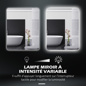 Miroir rectangulaire mural lumineux LED de salle de bain - 80 x 60 cm - 3 couleurs, luminosité réglable interrupteur tactile système antibuée blanc transparent