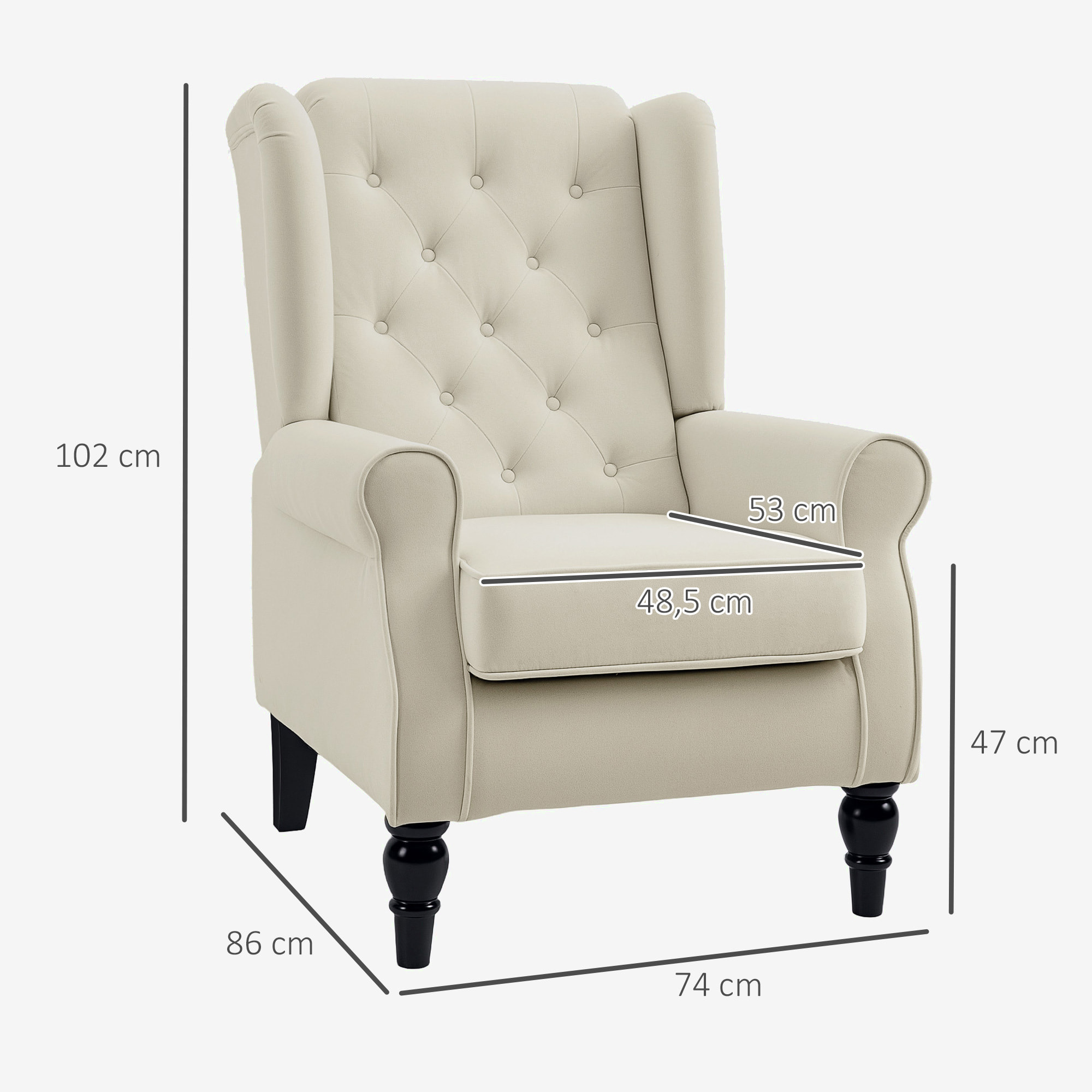 Sillón Orejero Moderno, Butaca de Salón con Reposabrazos y Patas de Madera, Sofá Individual Carga 160 kg para Oficina, Sala de Estar y Dormitorio, Crema