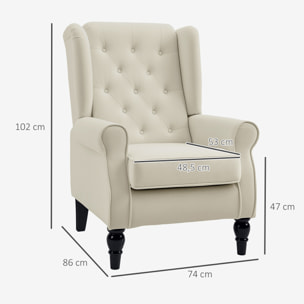 Sillón Orejero Moderno, Butaca de Salón con Reposabrazos y Patas de Madera, Sofá Individual Carga 160 kg para Oficina, Sala de Estar y Dormitorio, Crema