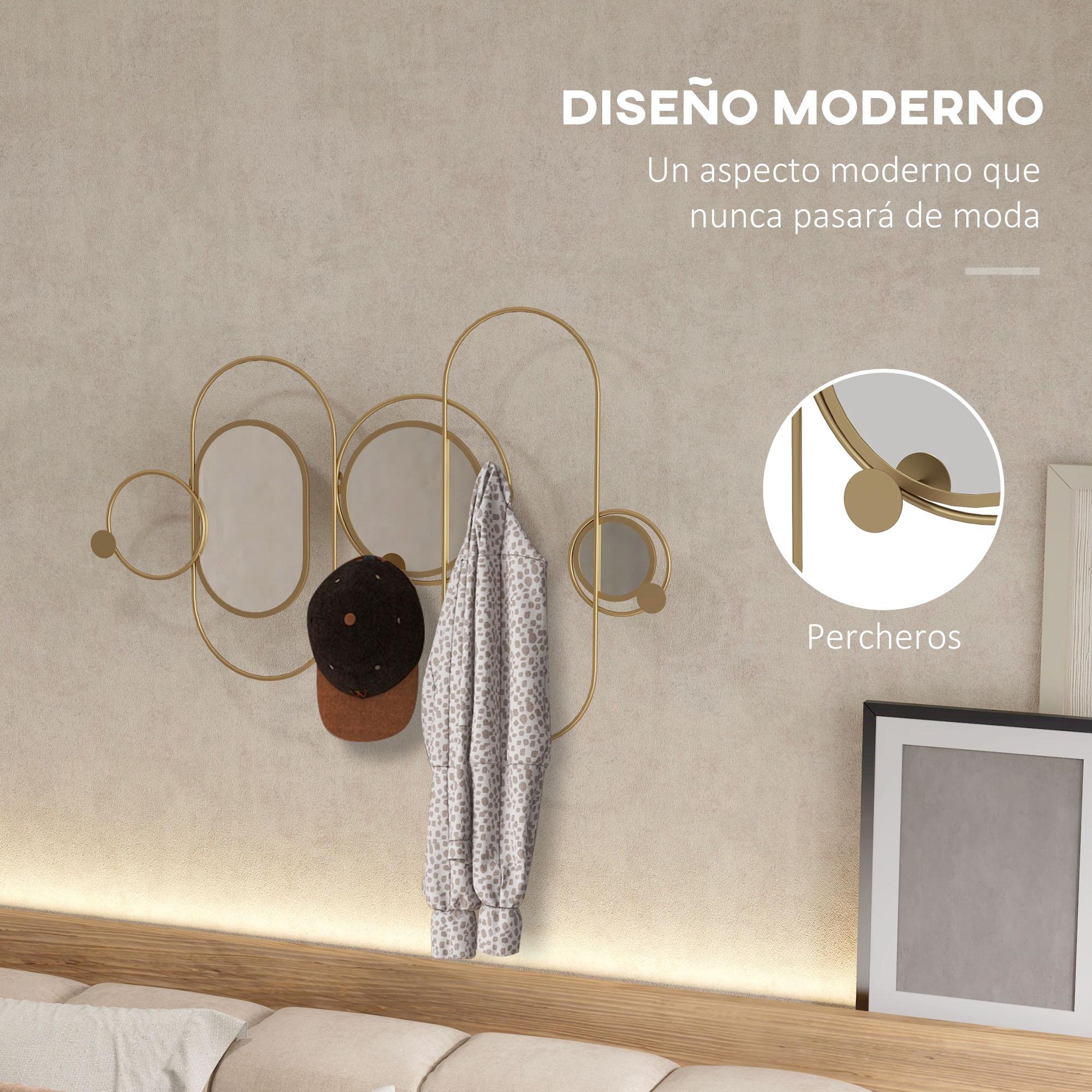 Perchero de Pared con 4 Ganchos y 3 Espejos Decorativos para Colgar Abrigos Bolsos para Pasillo Entrada 106x71 cm Dorado