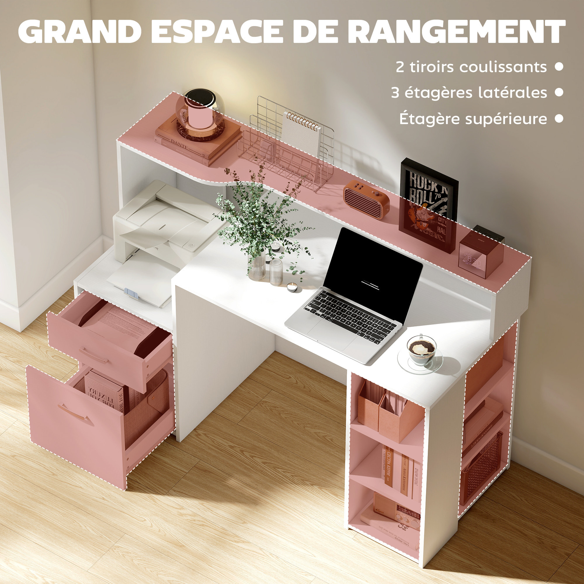 Bureau informatique multimédia design multi-rangement dim. 137 x 55 x 92 cm