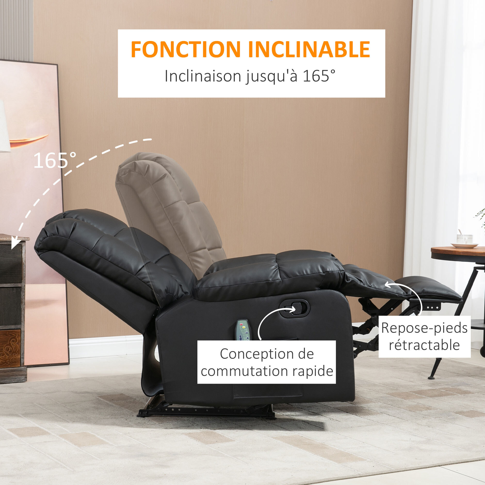 Fauteuil luxe de relaxation et massage inclinaison dossier repose-pied réglable revêtement synthétique noir