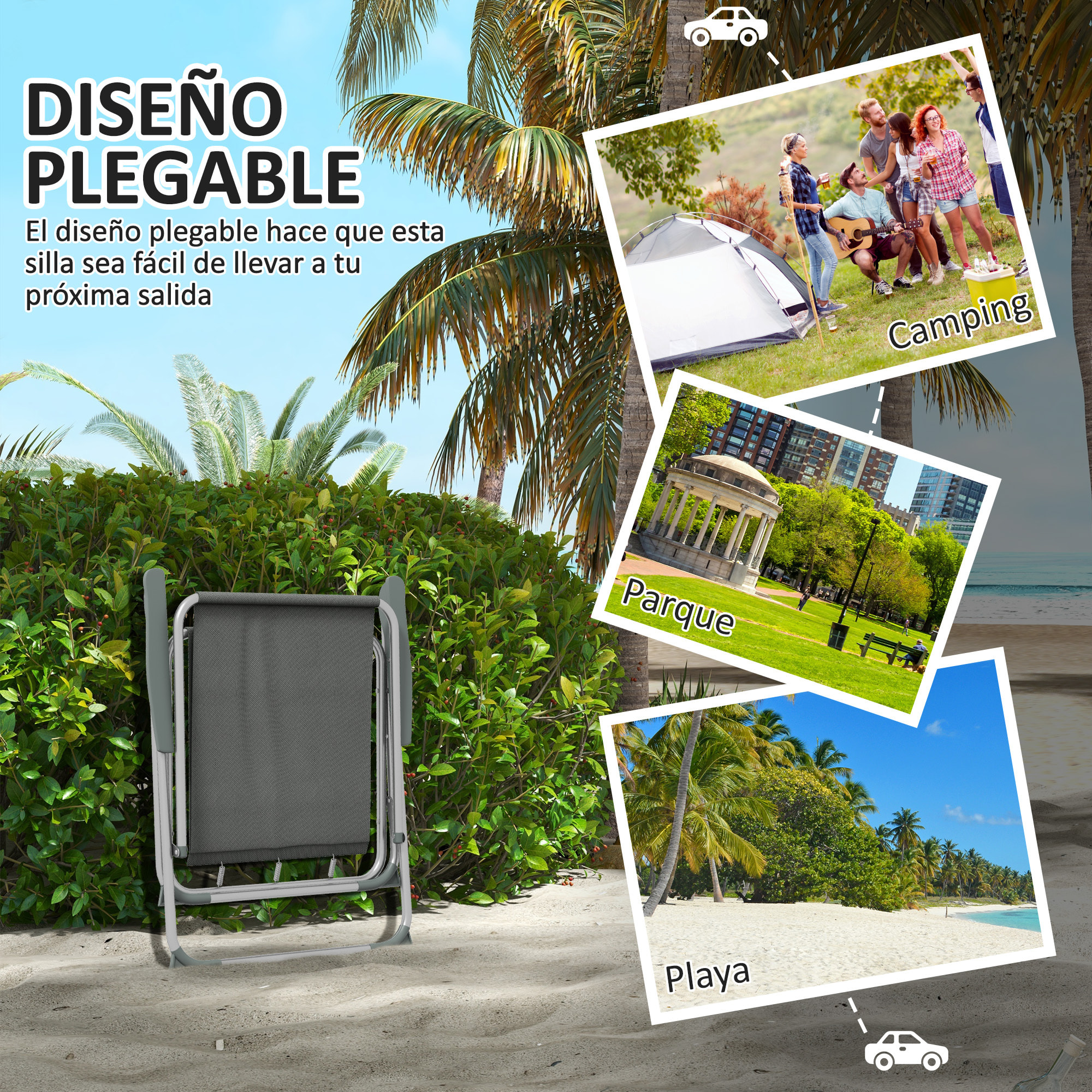 Juego de 4 Sillas de Camping Plegables Sillas Plegables de Jardín Exterior Acolchadas en Tela Oxford con Marco de Acero y Reposabrazos Carga 120 kg para Terraza Playa 53x54x76 cm Gris