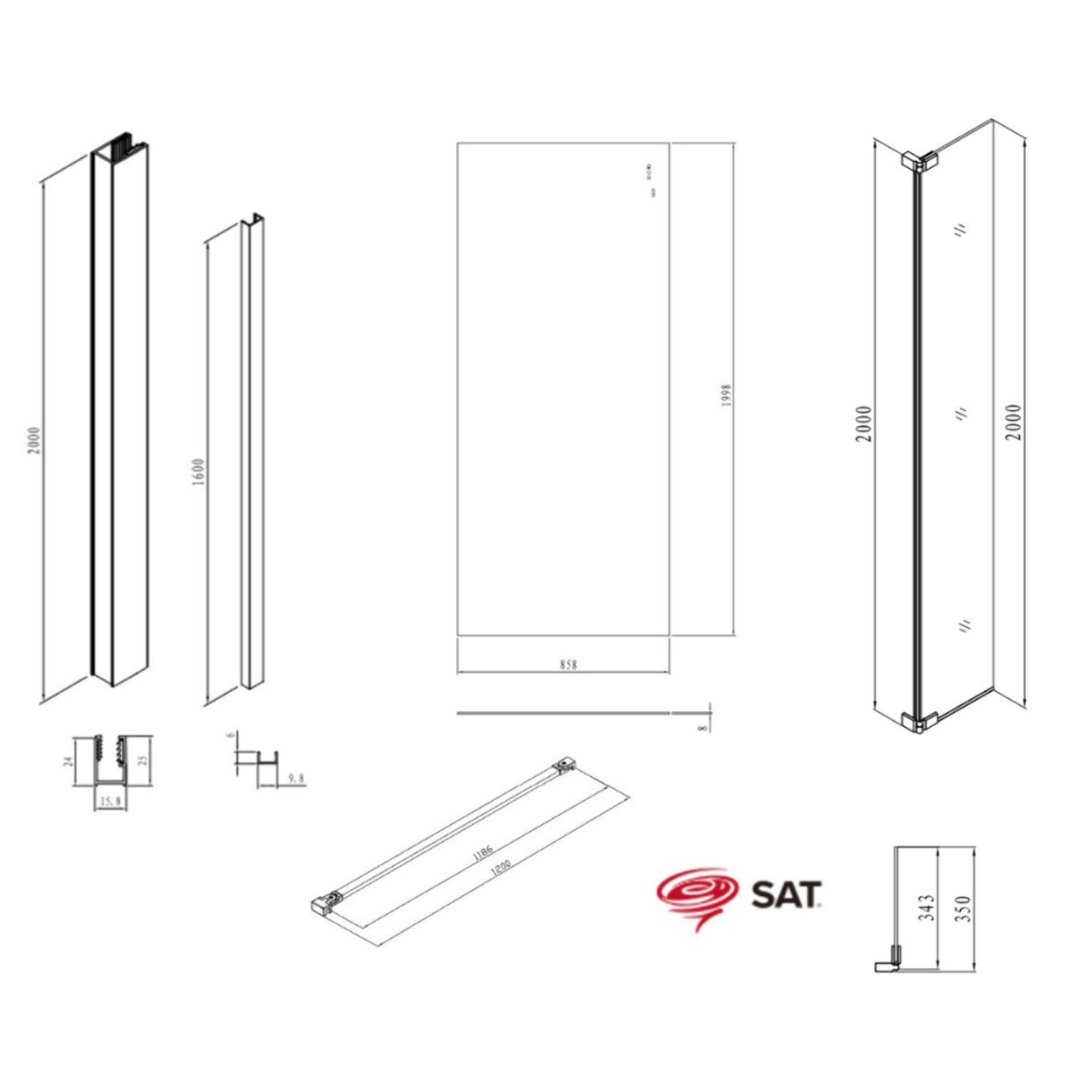 Walk-in 90x200cm Paroi et retour pivotant en verre Crystal Glass® 8 mm anticalcaire , avec bras et profilés noir mat