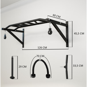 Barre de traction murale multi-prise avec accessoires et kit complet installation max. 200 Kg acier noir