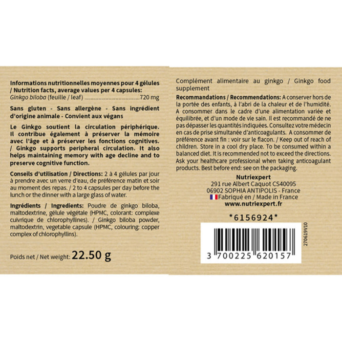 NUTRI EXPERT - Ginkgo Biloba - Préservation mémoire et fonctions cognitives - Soutient la circulation périphérique - Complément Alimentaire Végan - Cure 30 jours - Marque Française - Lot de 2 produits