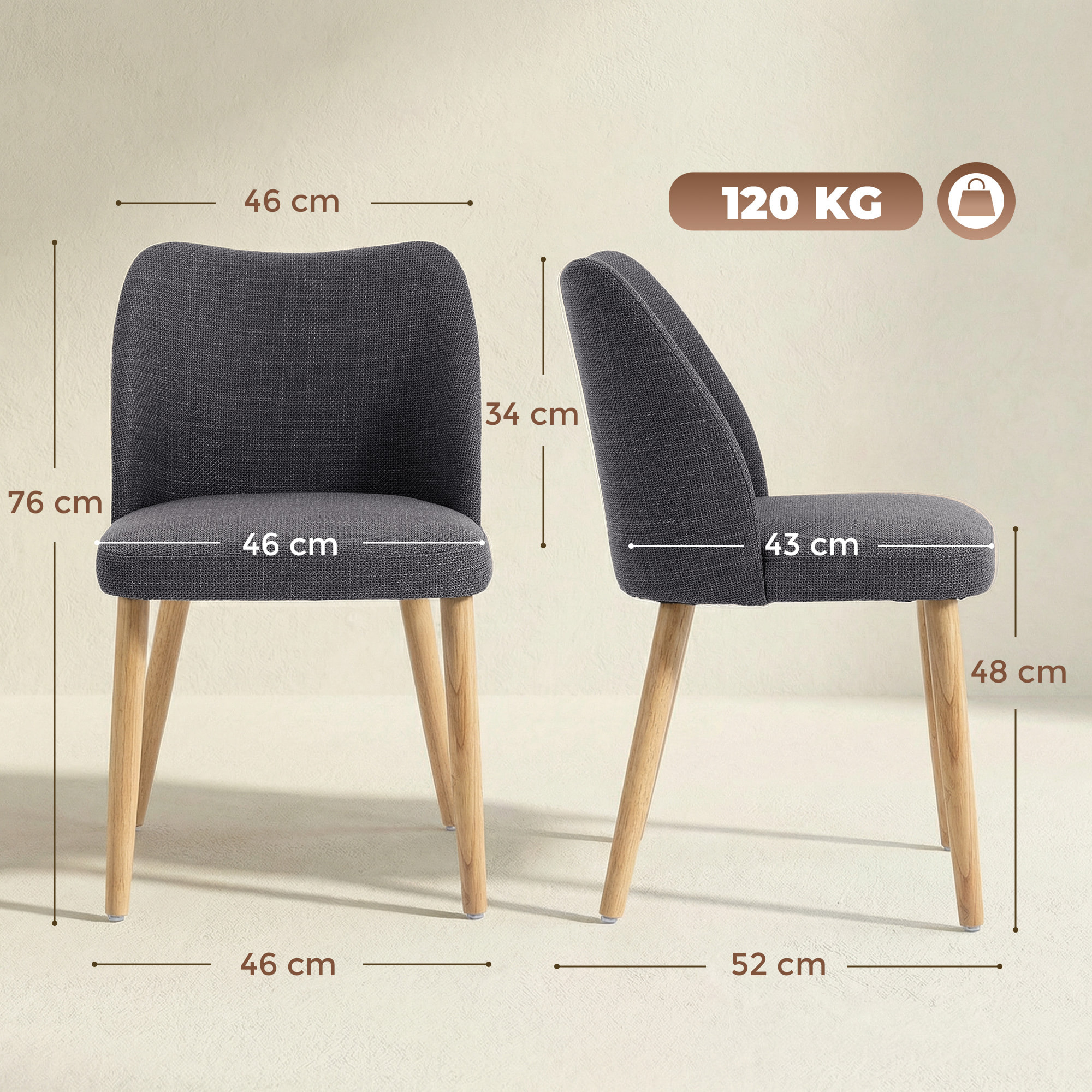 Pack de 2 Sillas de Comedor, Sillas de Cocina Nórdicas, Tapizadas de Lino, Respaldo Curvo, Asiento Acolchado, Patas de Madera, Gris Claro