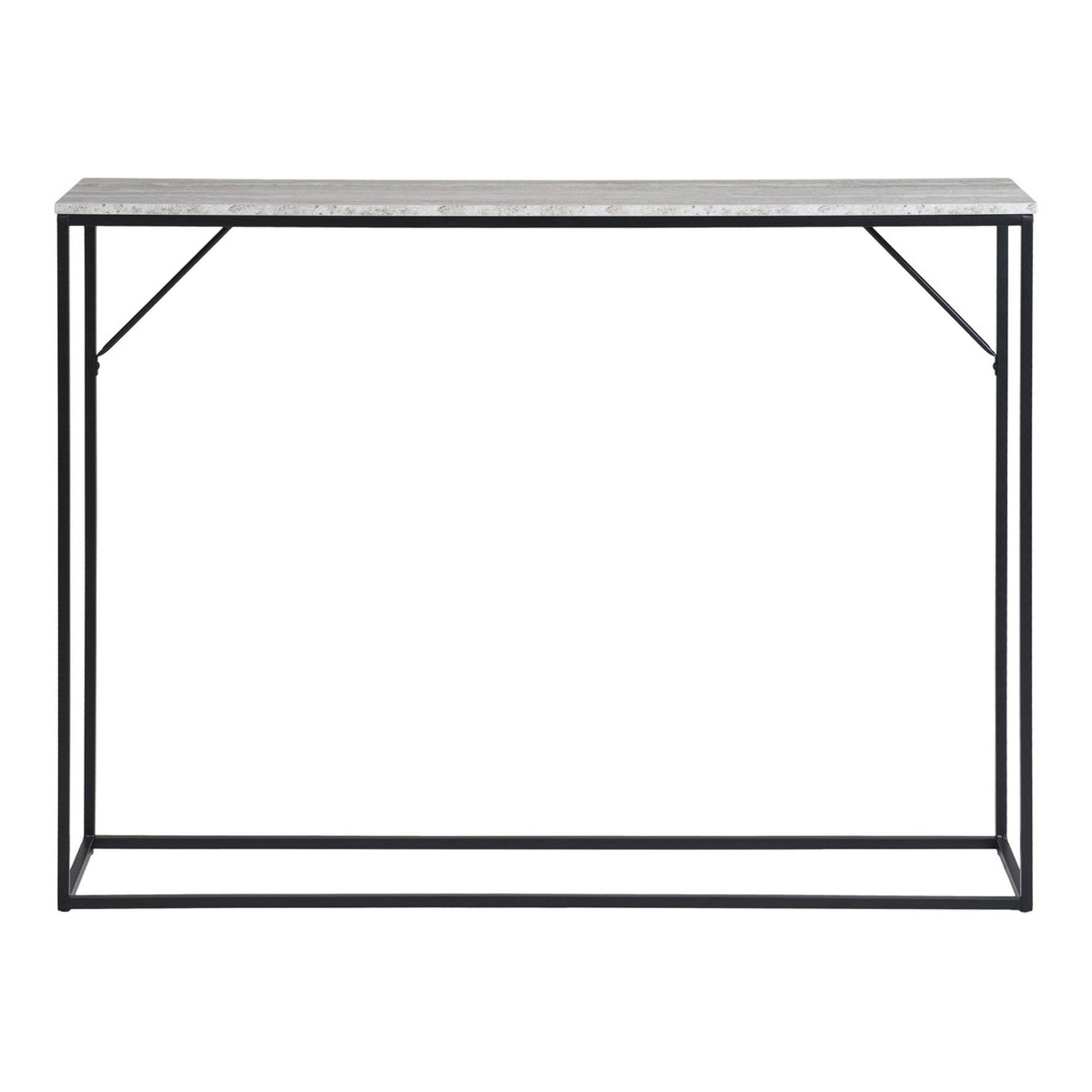 Consolle Vita effetto travertino con ripiano e telaio in metallo nero 110x26x80 cm