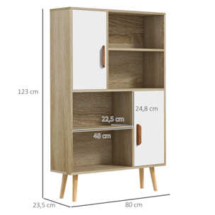 Bibliothèque scandinave 4 niches + 2 placards avec étagère dim. 80L x 24l x 123H cm pieds effilés inclinés bois massif panneaux particules naturel et blanc