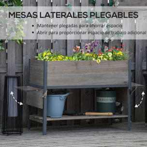 Huerto Urbano Elevado de Madera 140x46x75,5 cm Mesa de Cultivo de Jardín con 2 Baldas Laterales Estante Inferior y 2 Orificios de Drenaje para Plantas Flores Gris