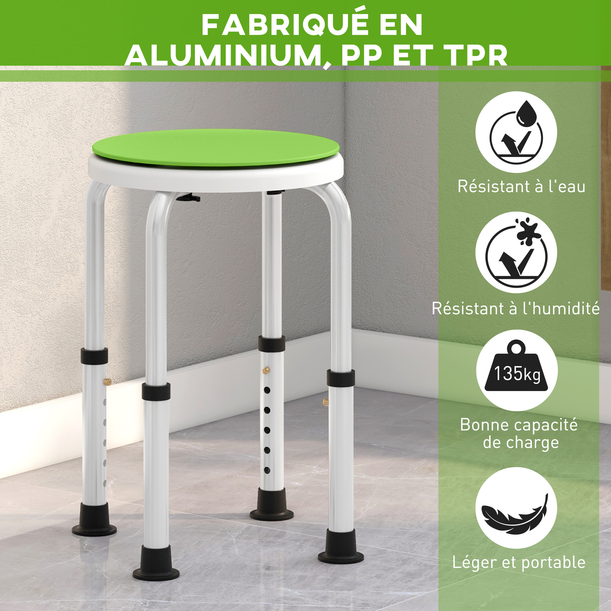 Tabouret de douche siège de douche - hauteur réglable, pivotant 360° - alu PP blanc vert