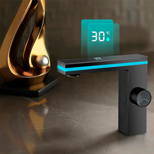Grifo moderno para lavabo con pantalla LED, luz ambiental de 270º, funcionamiento hidroeléctrico e indicador de temperatura.