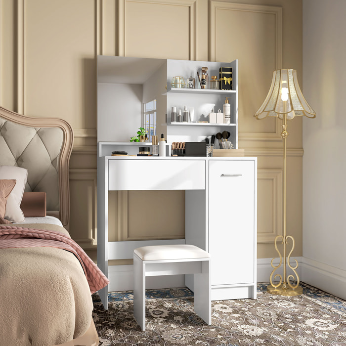 Ensemble coiffeuse miroir avec tabouret - porte, tiroir, 4 étagères, niche - blanc