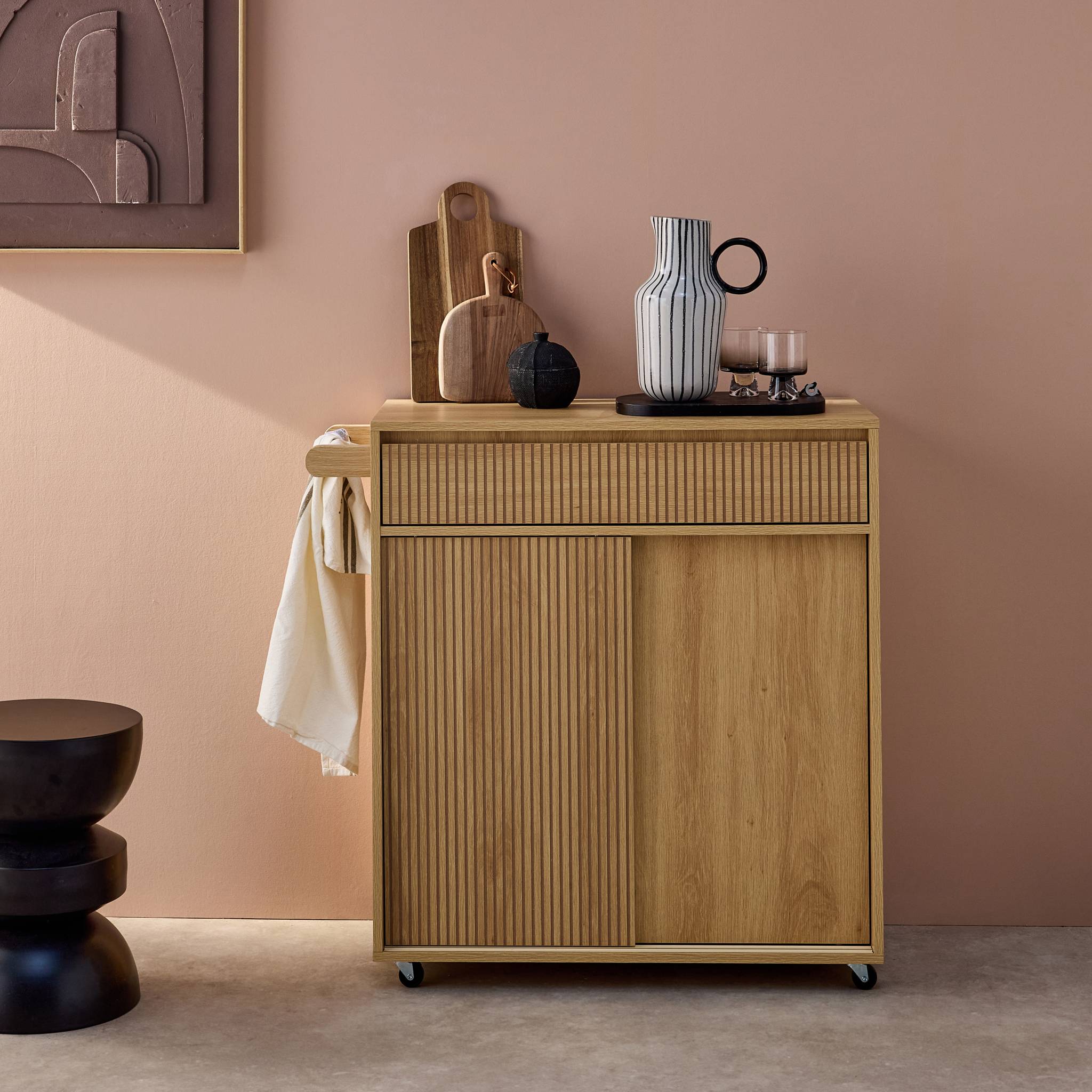 Desserte de cuisine décor bois 1 poignée 1 tiroir 2 portes LINEAR