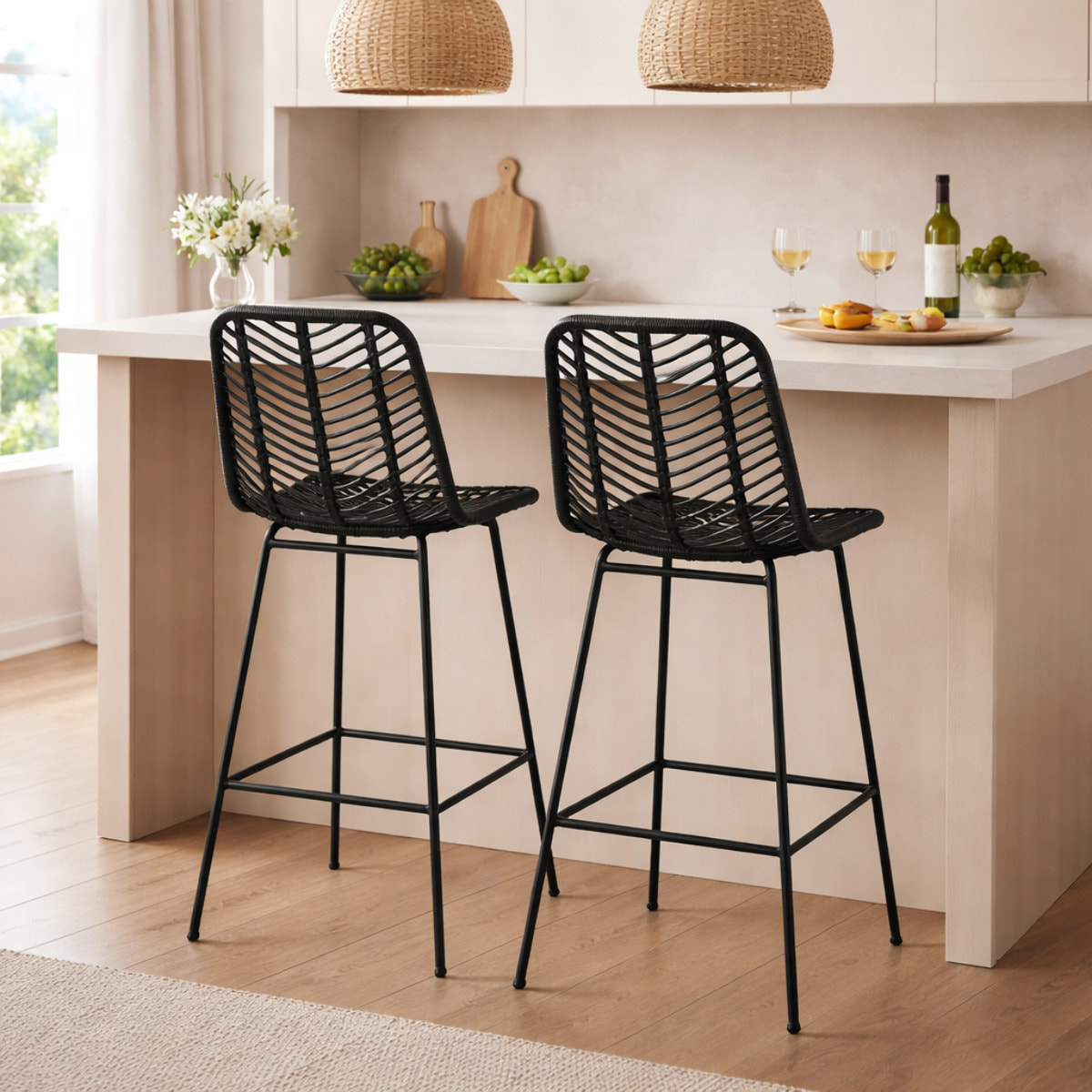 Lot de 2 tabourets de bar – Style bohème – Dossier cannage