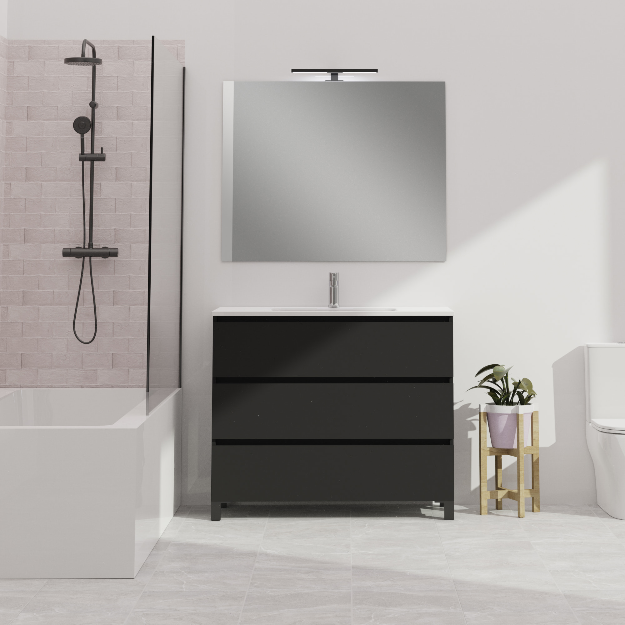 Ensemble De Salle De Bain Wink | 100 Cm Noir Mat | 3 Tiroirs | Vasque Ceramique | N'Inclut Pas Miroir | Mueble Montado | Alday
