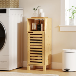 Armario de Baño de Bambú, Columna de Baño Estrecha con Estante Abierto, Puerta de Lamas, Estante Ajustable, 30x30x80 cm, Natural