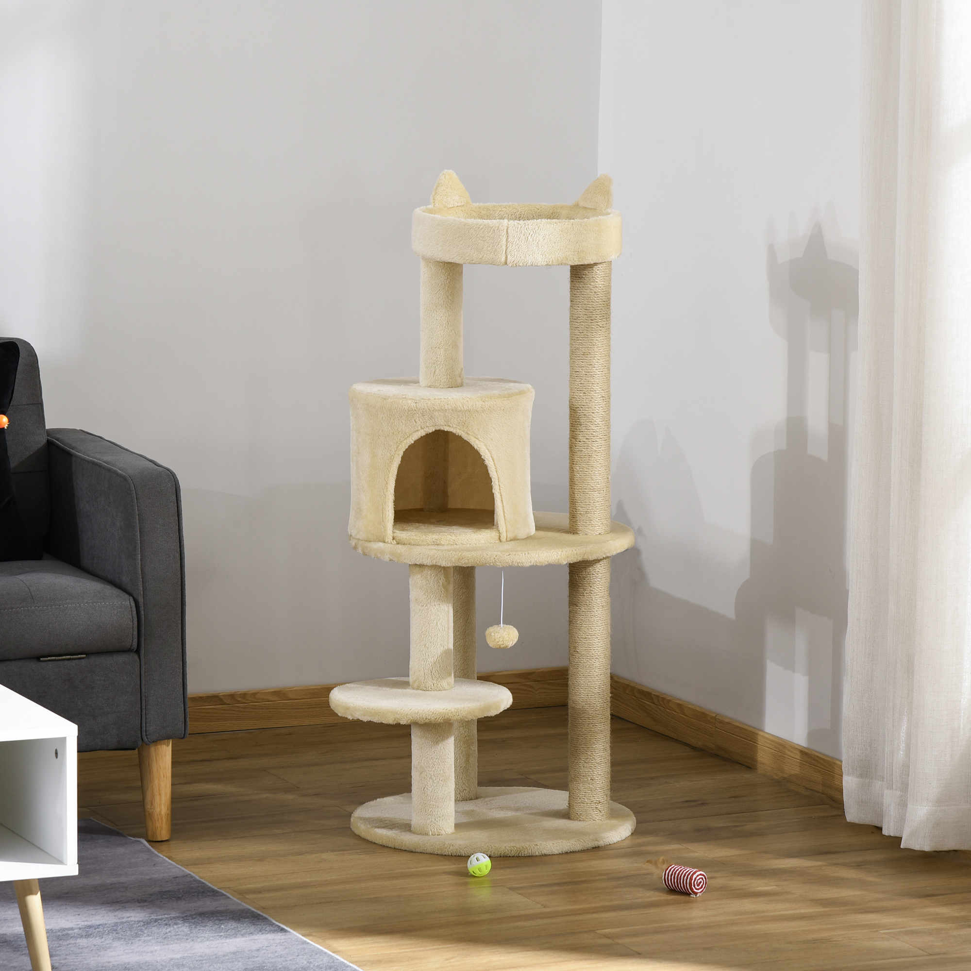 Árbol Rascador para Gatos de 104 cm Rascador para Gatos con Plataformas Refugio Postes de Sisal y Bola Colgante 48x48x104 cm Crema