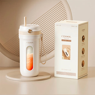 Batidora portátil de 350ml con 10 cuchillas de acero, batería recargable de 3.000mAh, lanyard para transporte y agujero para pajita.