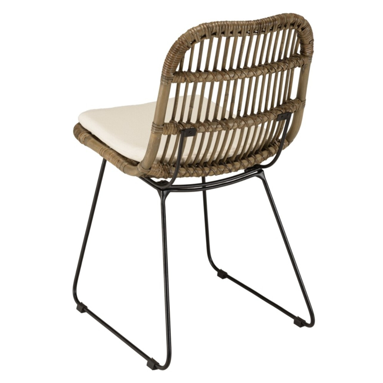 KALLY - Lot de 2 chaises en rotin grisé coussin blanc pieds métal noir
