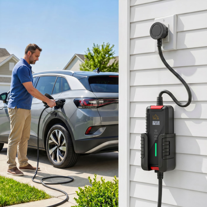 HOMCOM Cargador Coche Eléctrico 3,7kW, 5m, 6-16A, Cargador EV Tipo 2 con Enchufe Schuko, Pantalla LCD, IP65, Temporizador 1-12h, Fijación de Pared, Bolsa, Paño de Limpieza para EV y PHEV