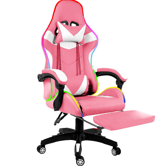 Sedia Gaming Con LED RGB Telecomando Poltrona Ufficio Scrivania Casa PC Racing Girevole Ergonomica Ecopelle Cuscino Lombare Poggiapiedi Rosa E Bianco